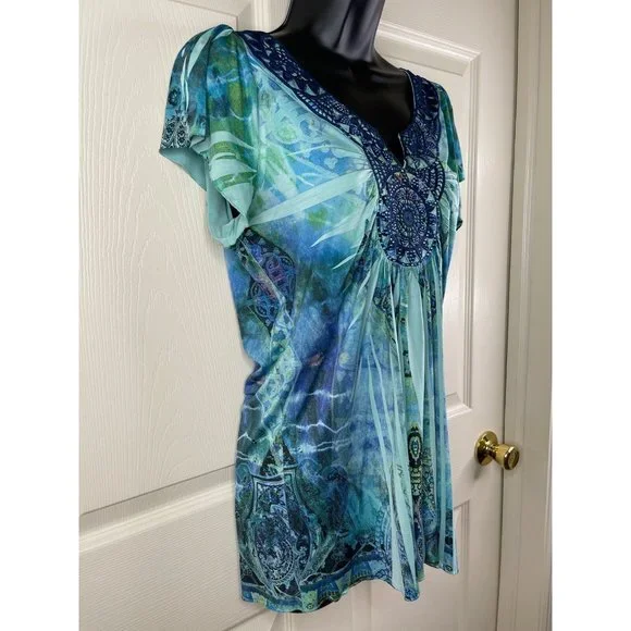 Apt 9 Blouse Women Blue Green Short Sleeve Stretch Smooth Knit Top Size Medium M - Picture 8 of 11
